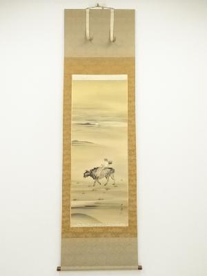 大進筆　牛と童子　肉筆絹本掛軸（共箱）